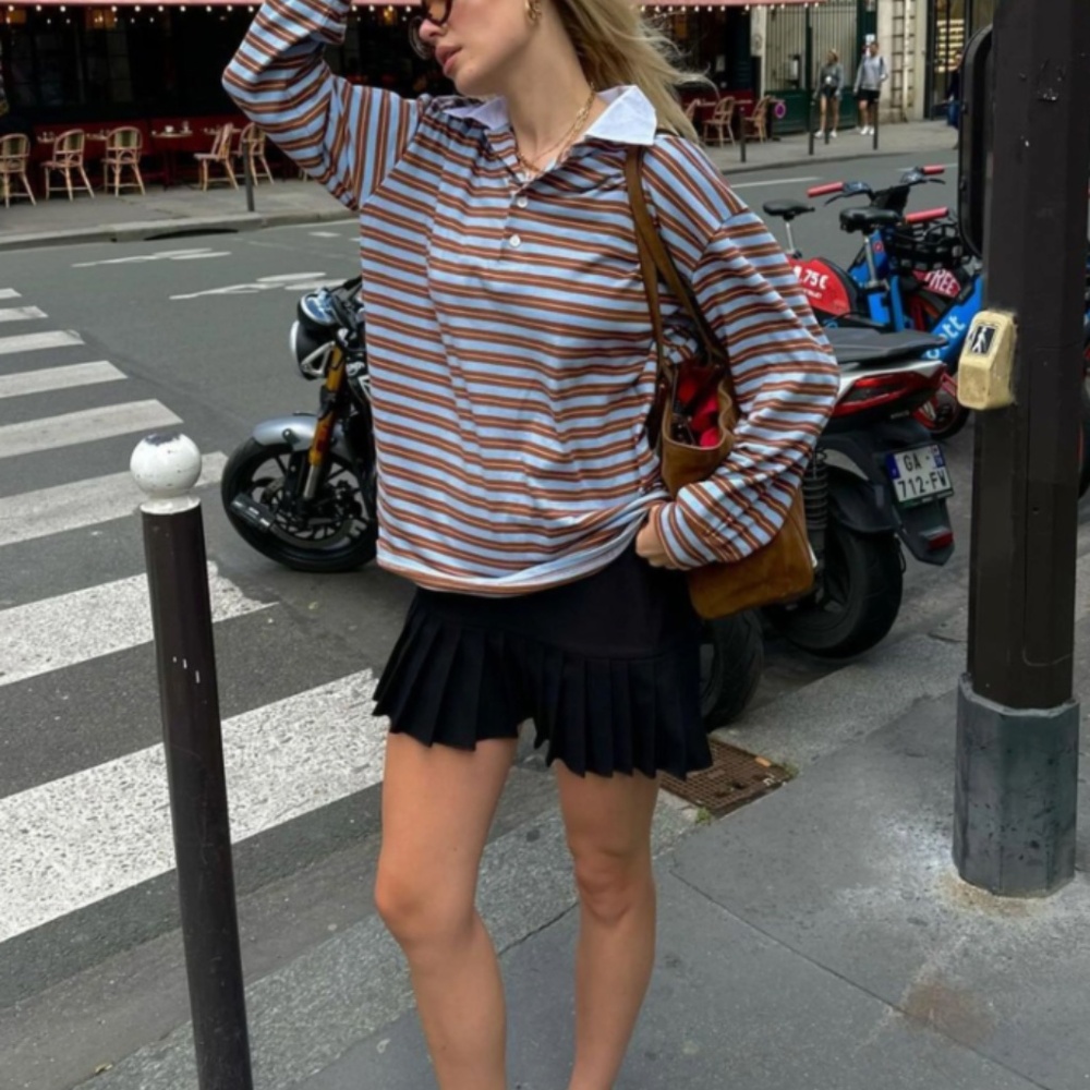 The Room Antwerp  Striped Polo Shirt Brown & Pale Blue white collar OS